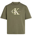 Calvin Klein Stuttermabolur - Útlínur Flís Mono - Dusty Olive