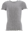 Rosemunde T-shirt - Rib - Vit - Gråmelerad m. Spetsar