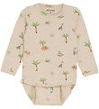 Minymo Bodysuit l/s - Light Beige Melange w. Dinosaur