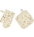 Cam Cam Oven Mitts & Potholder - Beige w. Leaves/Butterflies