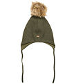 Minymo Bonnet - Laine/Coton - Olive Nuit av. Fourrure imite