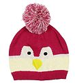 Color Kids Hat w. Pom-Pom - Knitted - Kisso - Dark Pink/Penguin