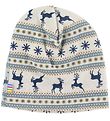 Joha Beanie - Double Layer - Wool - White/Blue w. Pattern