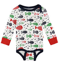 Katvig Bodysuit l/s - White w. Fish