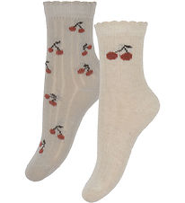 Minymo Socken - 2er-Pack - Light Taupe m. Kirschen