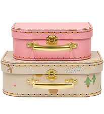 OYOY Cardboard Suitcase - 2-Pack - Deer & Duck - Camel/Rose