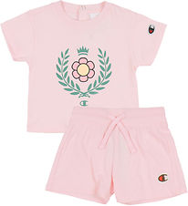 Champion Set - T-shirt/Shorts - Pink w. Flower