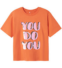 Name It T-Shirt - NkfHelka - Frisch Salmon m. Pailletten