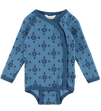 Joha Wrap Bodysuit l/s - Wool/Cotton - Blue w. Snowflakes