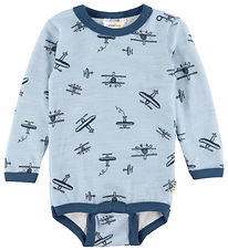 Joha Bodysuit l/s - Wool/Bamboo - Light Blue w. Airplanes
