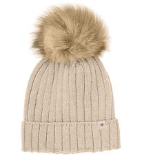 Huttelihut Muts - Wol/Katoen - Gebreid - Zandmelange m. Pom-Pom