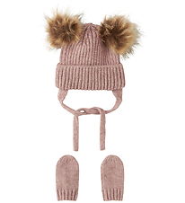 Name It Set - Beanie/Mittens - Knitted - NbnMora - Woodrose