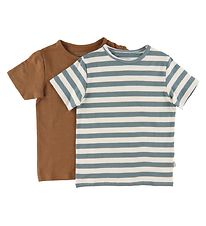 Minymo T-shirt - 2-pack - Vit/Grnrandig/Karamell