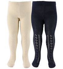 Minymo Strumpfhosen - 2er-Pack - Offwhite/Navy m. Lochmuster