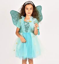 Den Goda Fen Costume - Fairy Dress w. Wings/Magic Wand - Turquoi