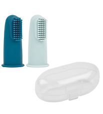 Nattou Finger Toothbrush - 2-Pack w. Case - Silicone - Blue/Gree