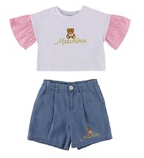 Moschino T-Shirt/Short en Jean - Blanc/Bleu av. Logo/Or