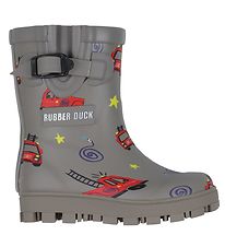 Rubber Duck Rubber Boots - Grey w. Fire trucks