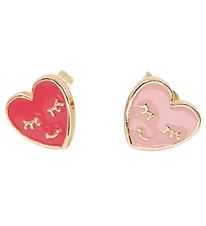 Rosajou Earrings - Gold w. Hearts - Red/Pink