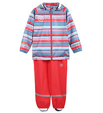 Color Kids Rainwear w. Suspenders - PU - Teaberry w. Stripes