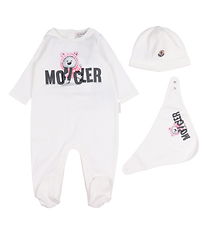 Moncler Set - Jumpsuit/Teething Bib/Beanie - Off White w. Pink