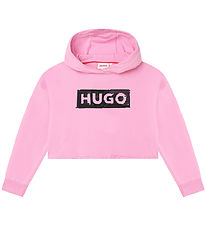 HUGO Hoodie - Cropped - Pink w. Black