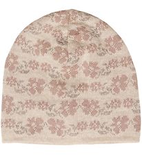 Huttelihut Beanie - Knitted - Wool - Dusty Rose w. Flowers