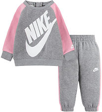 Nike Sweatset - Grijs Gevlekt/Roze m. Wit