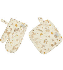 Cam Cam Oven Mitts & Potholder - Beige w. Leaves/Butterflies