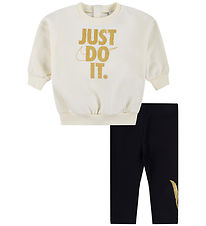 Nike Set - Leggings/Sweatshirt - Black/Off White w. Gold