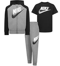 Nike Sweatset/T-Shirt - Koolstof Heather/zwart m. Logo