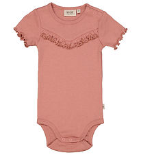 Wheat Bodysuit s/s - Rib - Old Rose w. Ruffle