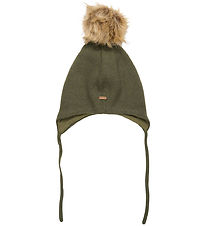 Minymo Bonnet - Laine/Coton - Olive Nuit av. Fourrure imite