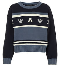 Emporio Armani Blússa - Prjónað - Rykugt Blár/Dökkblátt/Hvítur