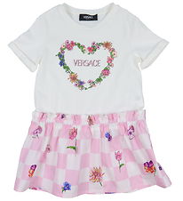 Robe Versace - Blanc/Rose à Carreaux av. Fleurs