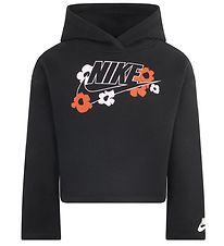 Nike Hoodie - Cropped - Black w. Flowers