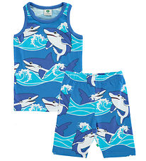Småfolk Set - Linne/Shorts - Strålande Blue m. Hajar