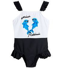 Mini Rodini Zwempak - UV 50+ - Dolfijnen Frill - Wit/Zwart
