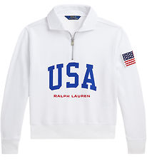 Polo Ralph Lauren Sweatshirt w. Zipper - Cropped - White w. USA