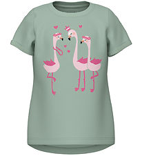 Name It T-shirt - NmfVix - Silt Green w. Flamingos