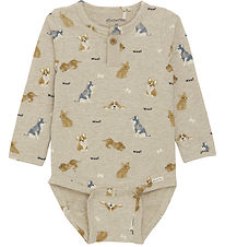 Minymo Bodysuit L/æ - Beige Melange w. Dogs