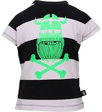 Danefæ T-Shirt - Schwarz/Weiß gestreift m. neongrünem Viking