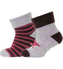 Melton Sokkar - 2 Pakki - Non-Slip botn - Aubergine/Grá