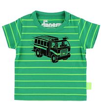 Danef T-shirt - Green Striped w. Firetruck