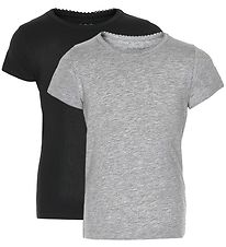 Minymo T-shirt - 2-Pack - Black/Grey Melange w. Lace