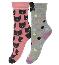 Melton Socken - 2er-Pack - Graumeliert/Pink m. Katze