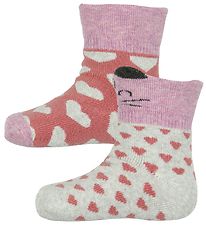 Melton Baby Socks - 2-Pack - Grey Melange/Rose w. Cats/Stars