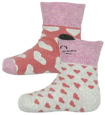 Melton Babysocken - 2er-Pack - Graumeliert/Pink m. Katzen/Sterne