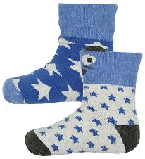 Melton Babysocken - 2er-Pack - Blau/Grau m. Sternen