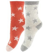 Molo Socks - 2-Pack - Nesi - Light Grey/Coral w. Stars